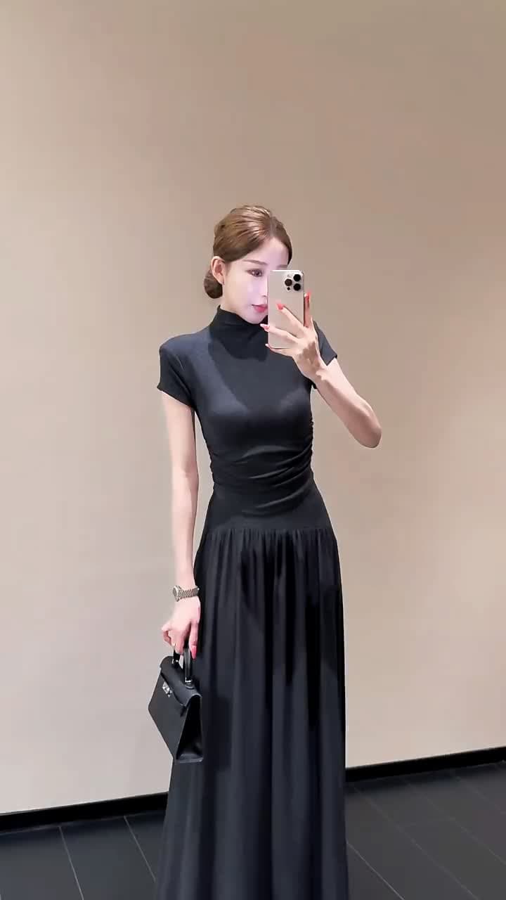 한 부서 부드러운 바람 반하이넥 반팔 티셔츠 반신 치마 세트 여성 조기 가을 착용 가져 가라. 품격 슬림해 보이는 투피스 세트 상세 이미지 4