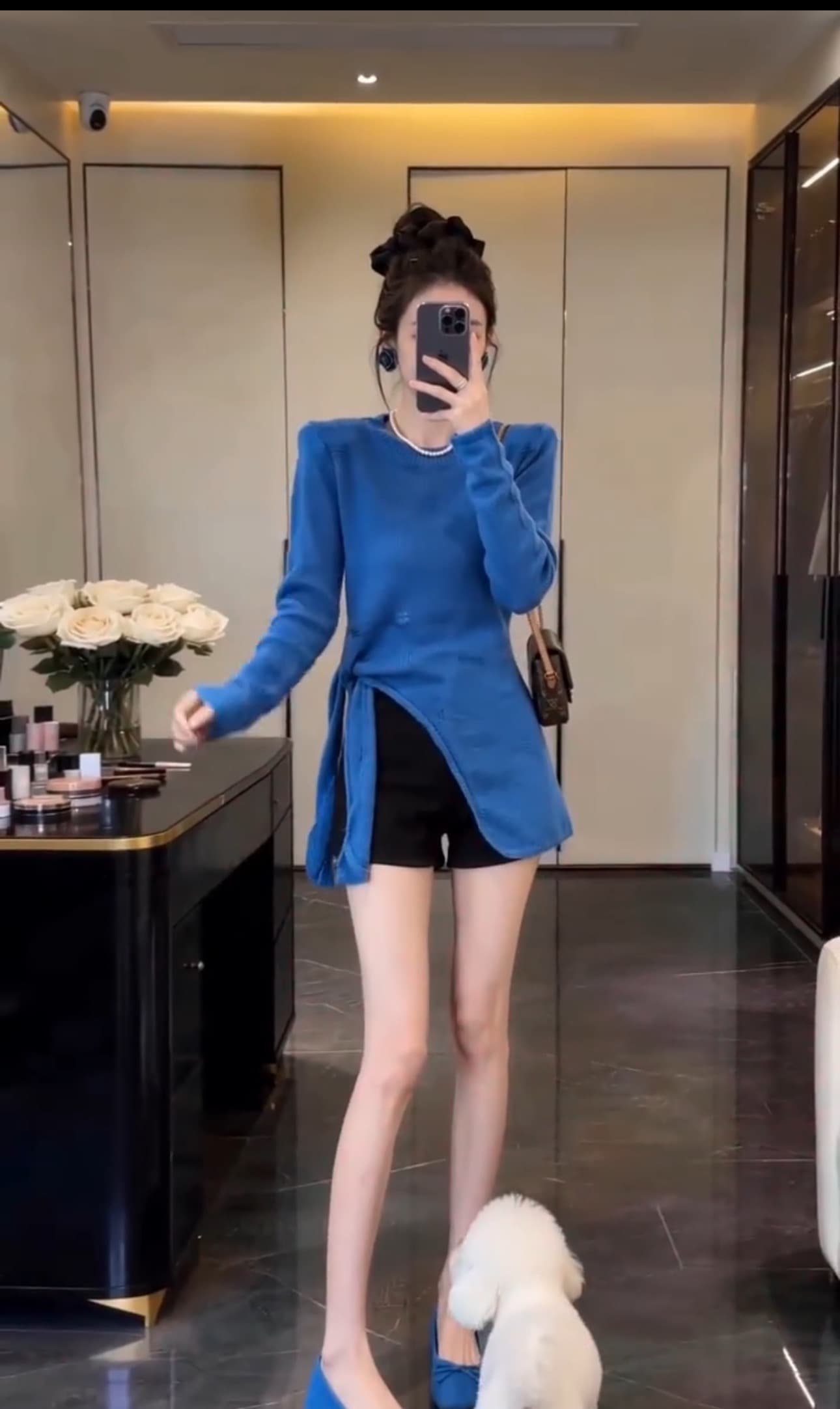 작은 대중 파란색 부드러운 찹쌀 긴팔 스웨터 여자 가을 새로운 스트랩 허리 수축 트임 인사이드 가져 가라. 만나는 니트 스웨터 맨위 상세 이미지 3