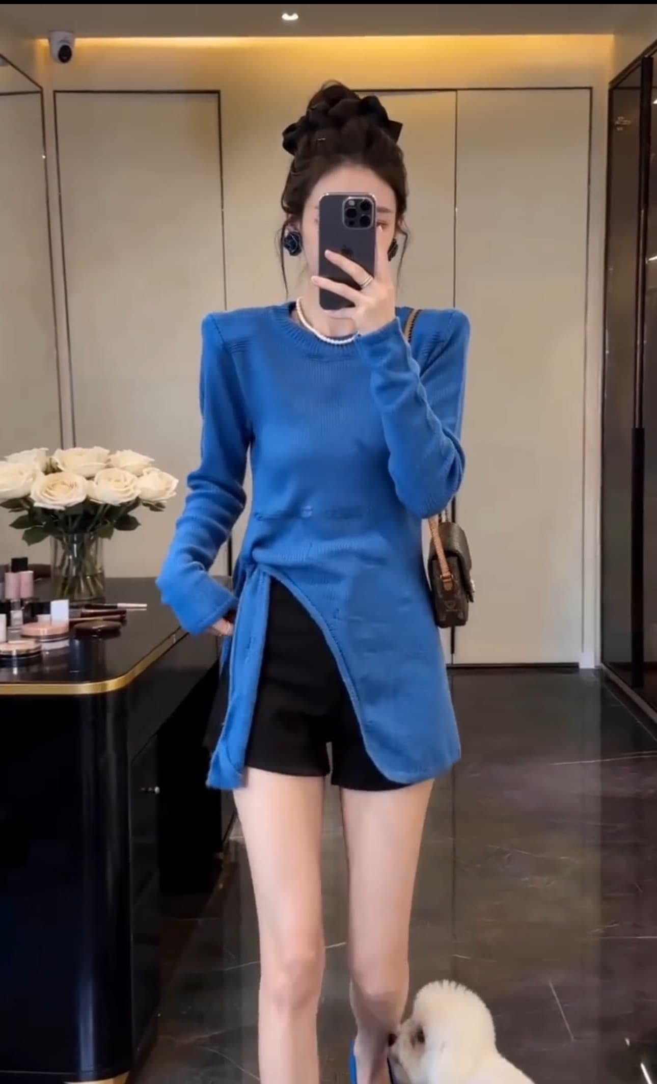 작은 대중 파란색 부드러운 찹쌀 긴팔 스웨터 여자 가을 새로운 스트랩 허리 수축 트임 인사이드 가져 가라. 만나는 니트 스웨터 맨위 상세 이미지 4