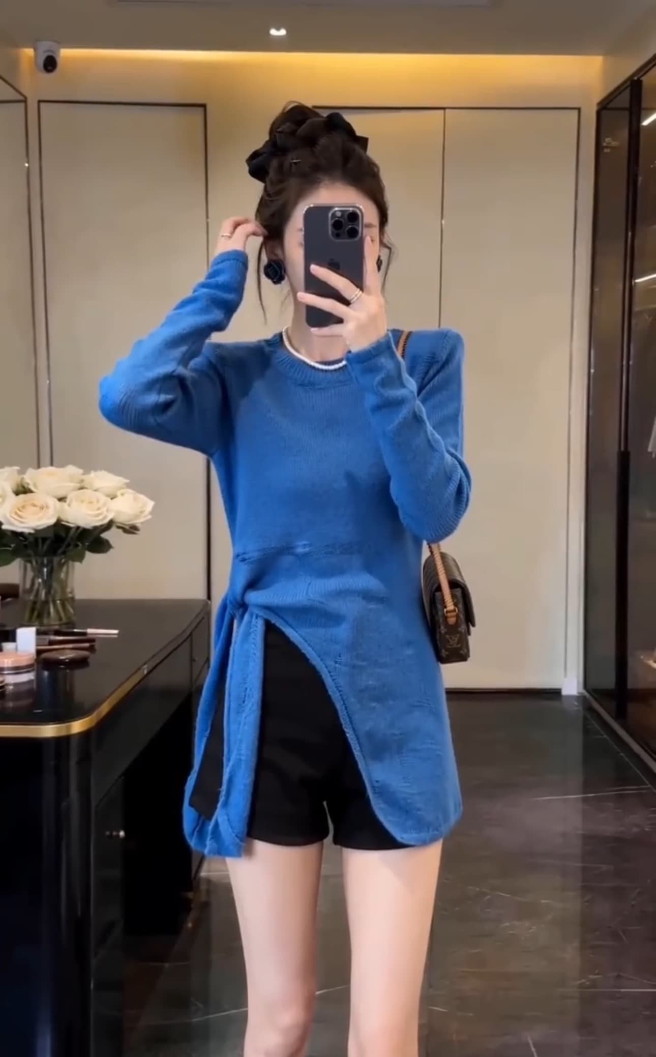 작은 대중 파란색 부드러운 찹쌀 긴팔 스웨터 여자 가을 새로운 스트랩 허리 수축 트임 인사이드 가져 가라. 만나는 니트 스웨터 맨위 상세 이미지 5