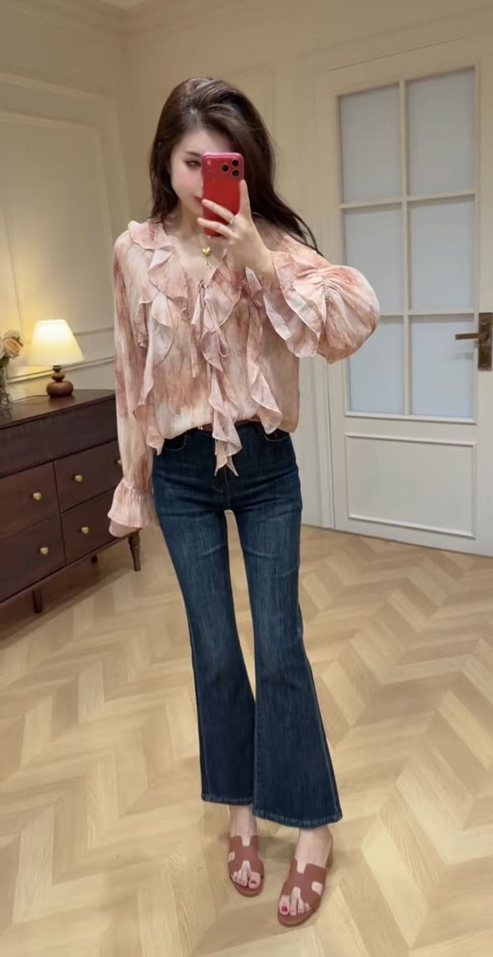 헤일로 염색 꽃무늬 여성 셔츠 이른 가을 새로운 3 차원 압력 접기 연꽃 잎 다용도 캐주얼 스탠드 칼라 쉬폰 톱 작은 셔츠 상세 이미지 5