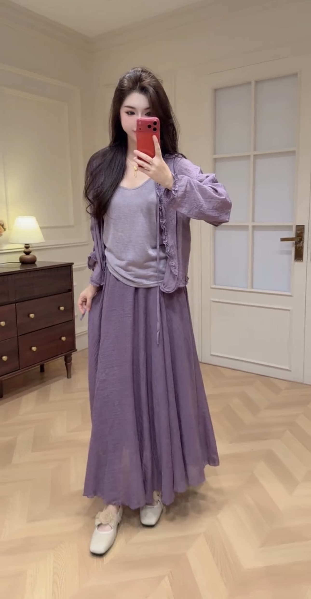 새로운 한국 스타일 패션 감기 센스 슬립 자외선 차단 오픈 가디건 허리밴드 큰 진자 반신 스커트 3종 세트 이미지 2
