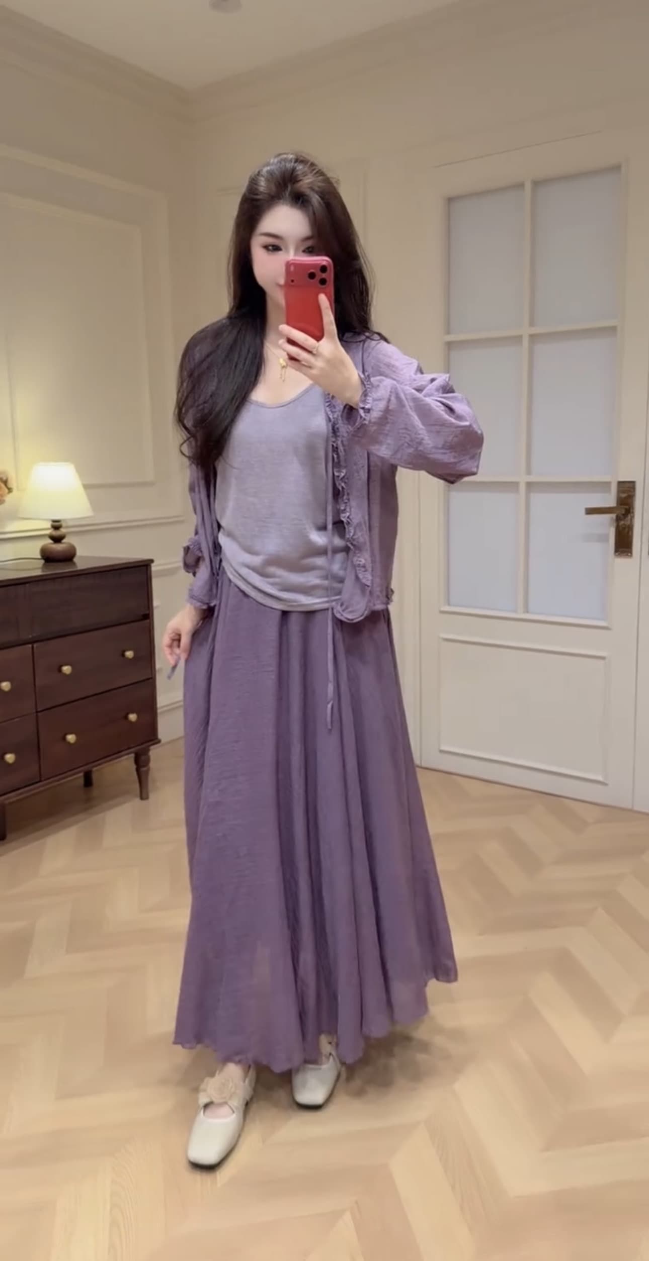 새로운 한국 스타일 패션 감기 센스 슬립 자외선 차단 오픈 가디건 허리밴드 큰 진자 반신 스커트 3종 세트 이미지 3