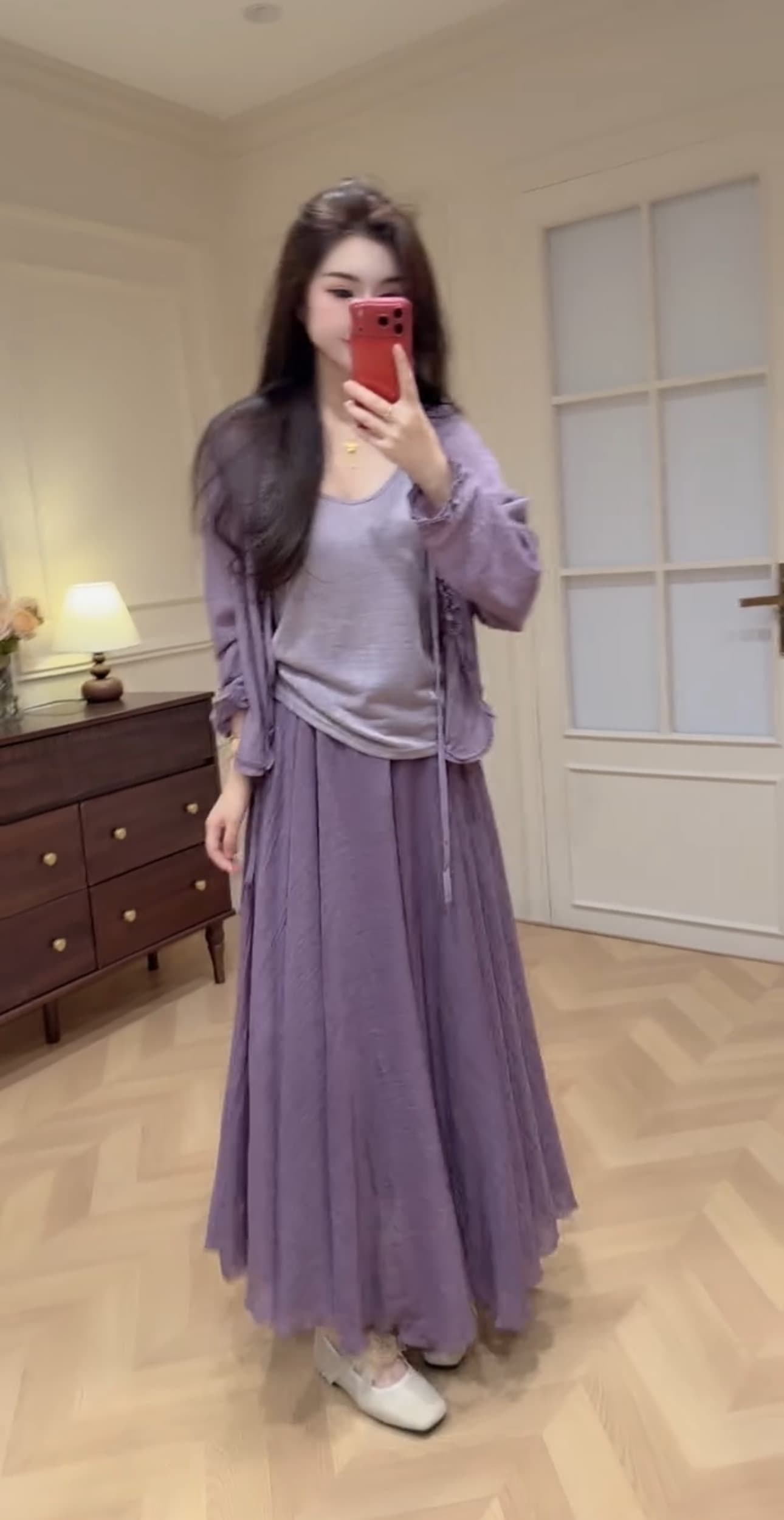 새로운 한국 스타일 패션 감기 센스 슬립 자외선 차단 오픈 가디건 허리밴드 큰 진자 반신 스커트 3종 세트 상세 이미지 1