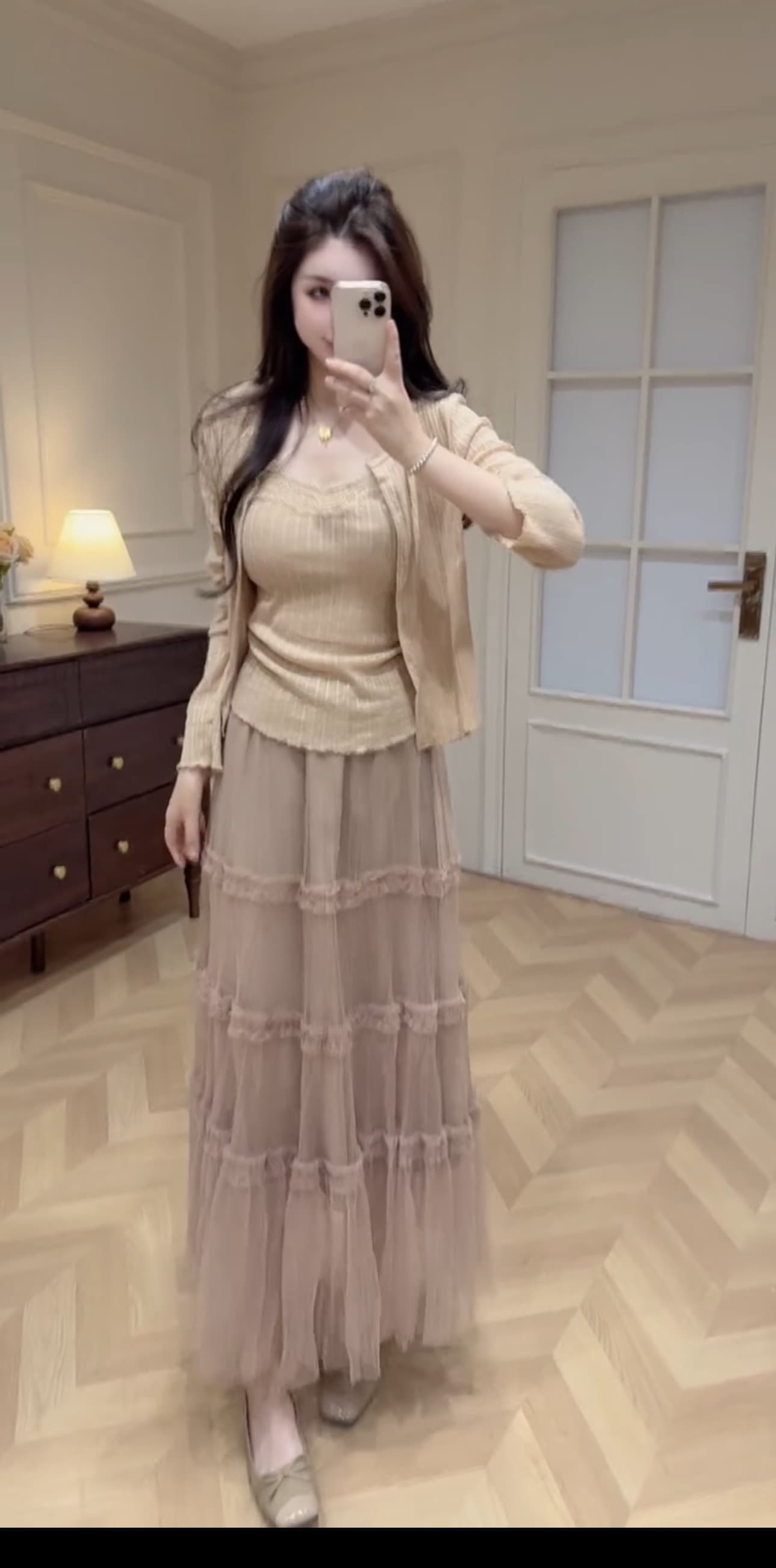 두 조각 메쉬 세트 큰 진자 반신 스커트 여성 여름 도루 가을 센스 한 마디 중간 길이 스커트 프릴 패치워크 케이크 드레스 상세 이미지 4