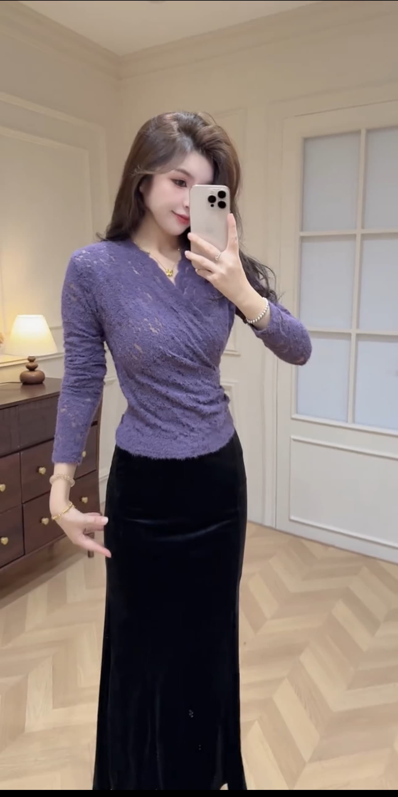 보라색 부적 여신 맨위 V넥 벨벳 치마 이미지 4