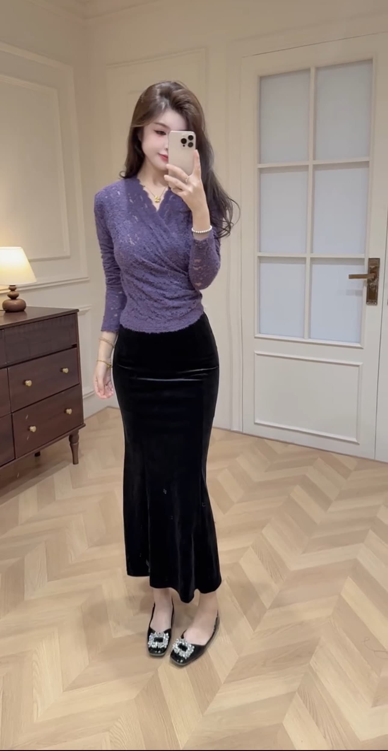 보라색 부적 여신 맨위 V넥 벨벳 치마 이미지 2