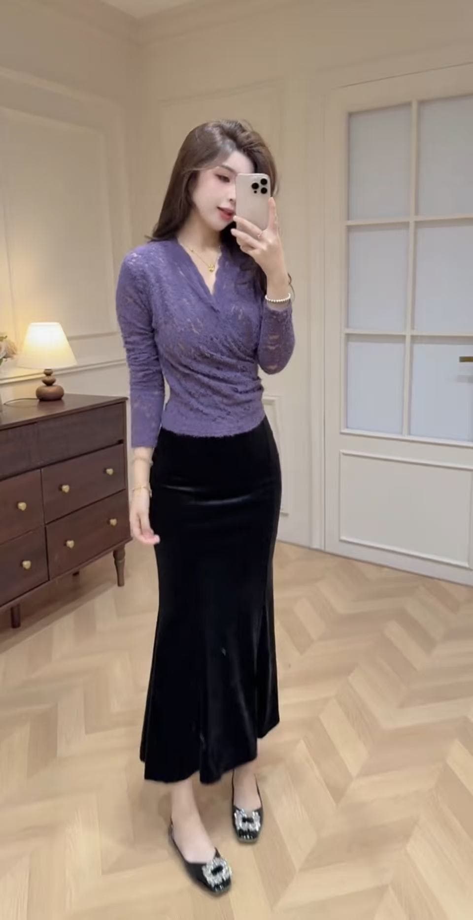 보라색 부적 여신 맨위 V넥 벨벳 치마 이미지 5