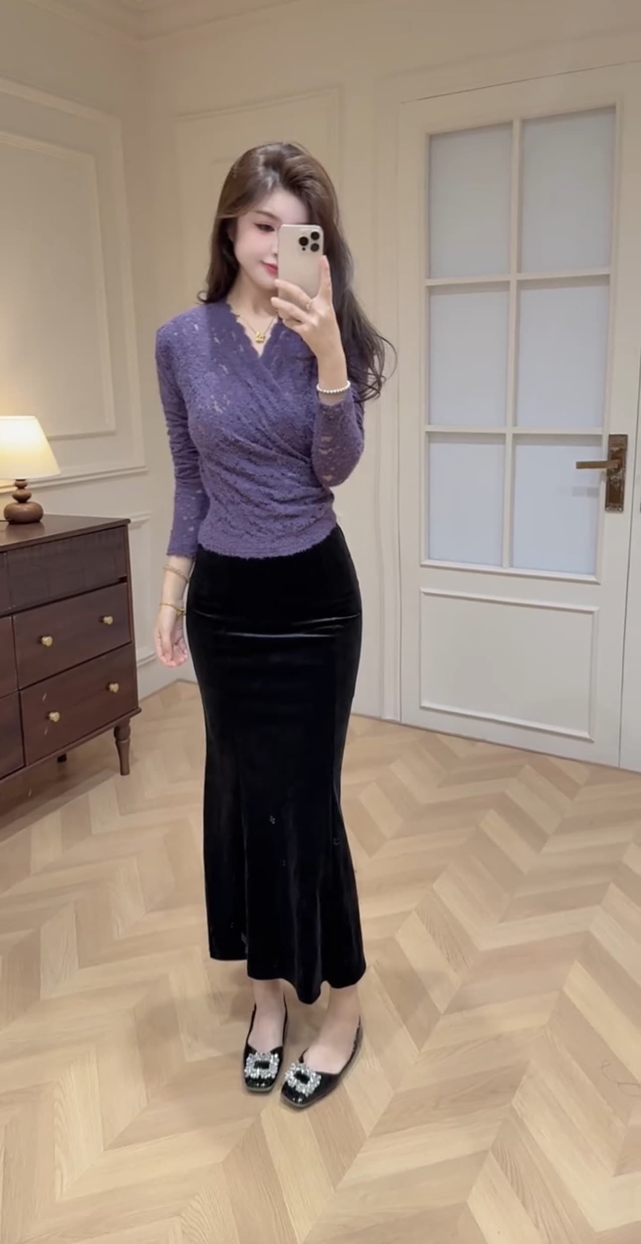 보라색 부적 여신 맨위 V넥 벨벳 치마 상세 이미지 5