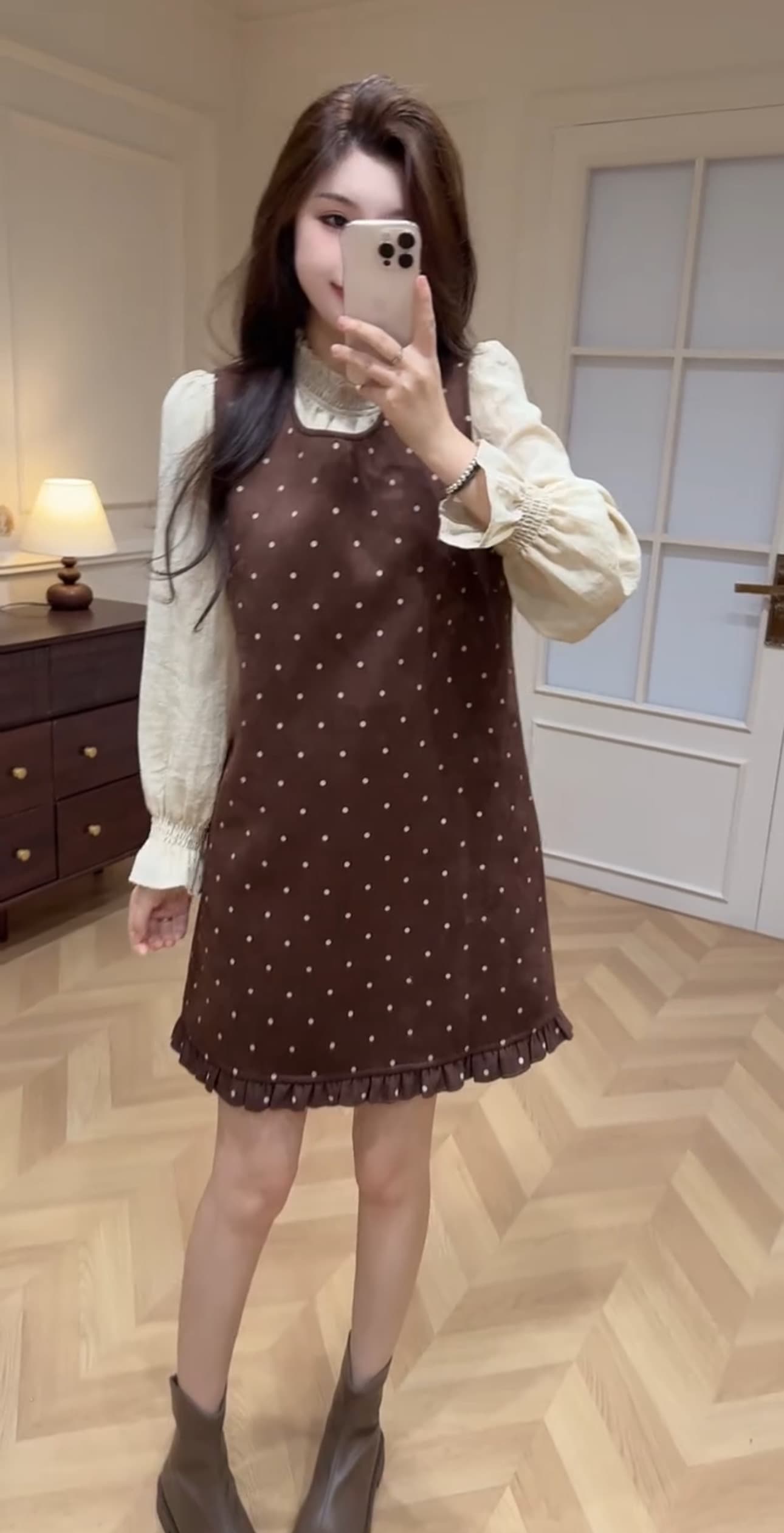 한국 스타일 가을 새로운 거품 소매 셔츠 도트 무늬 도트 조끼 원피스 투피스 슈트 여성 달콤함 품격 새로운 이미지 2