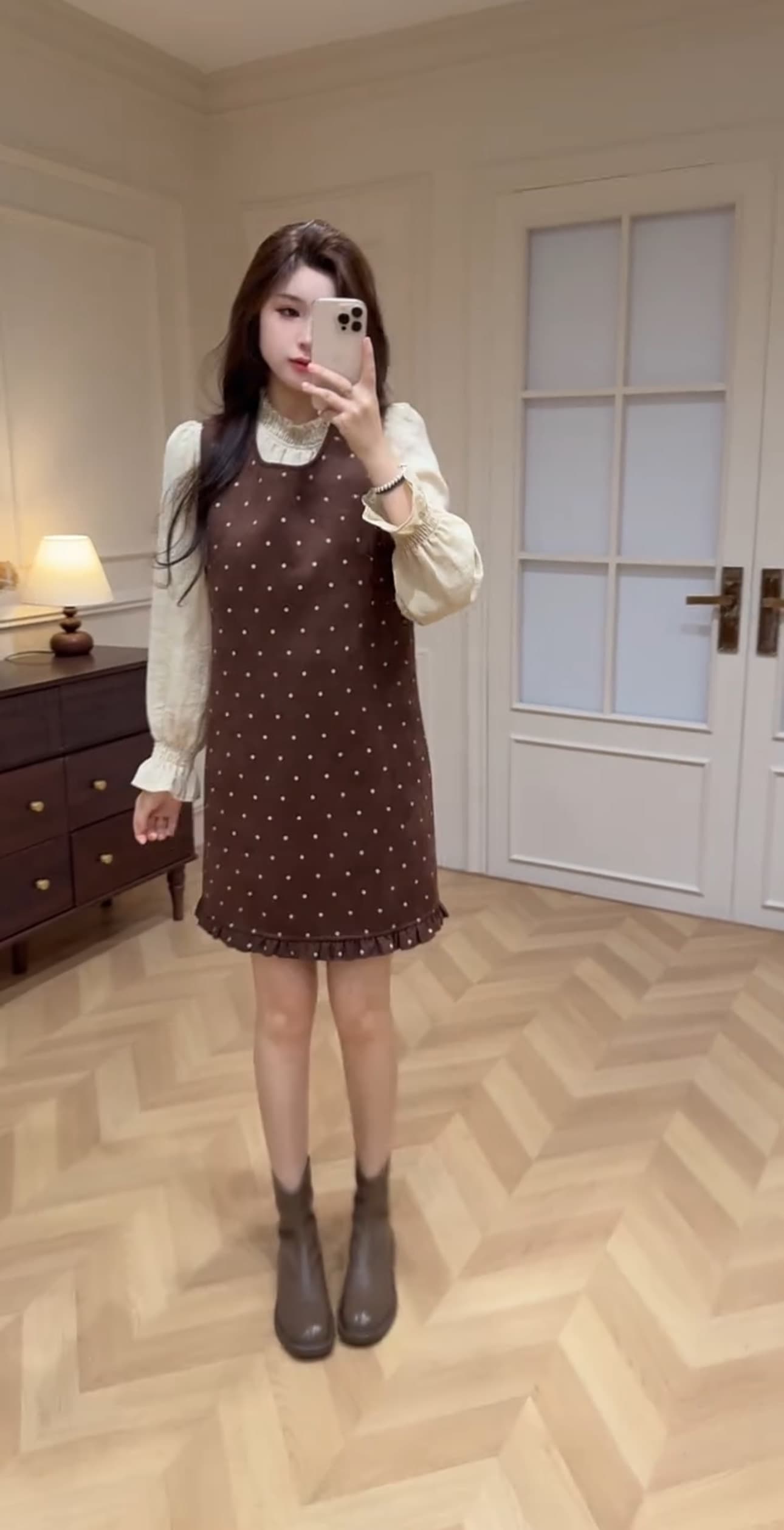 한국 스타일 가을 새로운 거품 소매 셔츠 도트 무늬 도트 조끼 원피스 투피스 슈트 여성 달콤함 품격 새로운 상세 이미지 3