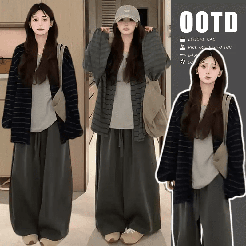 임산부 가을 느긋한 바람 품격 캐주얼 루즈핏 슬림해 보이는 스트라이프 재킷 작은 대중 고급 센스 맨위 3종 세트 이미지 2