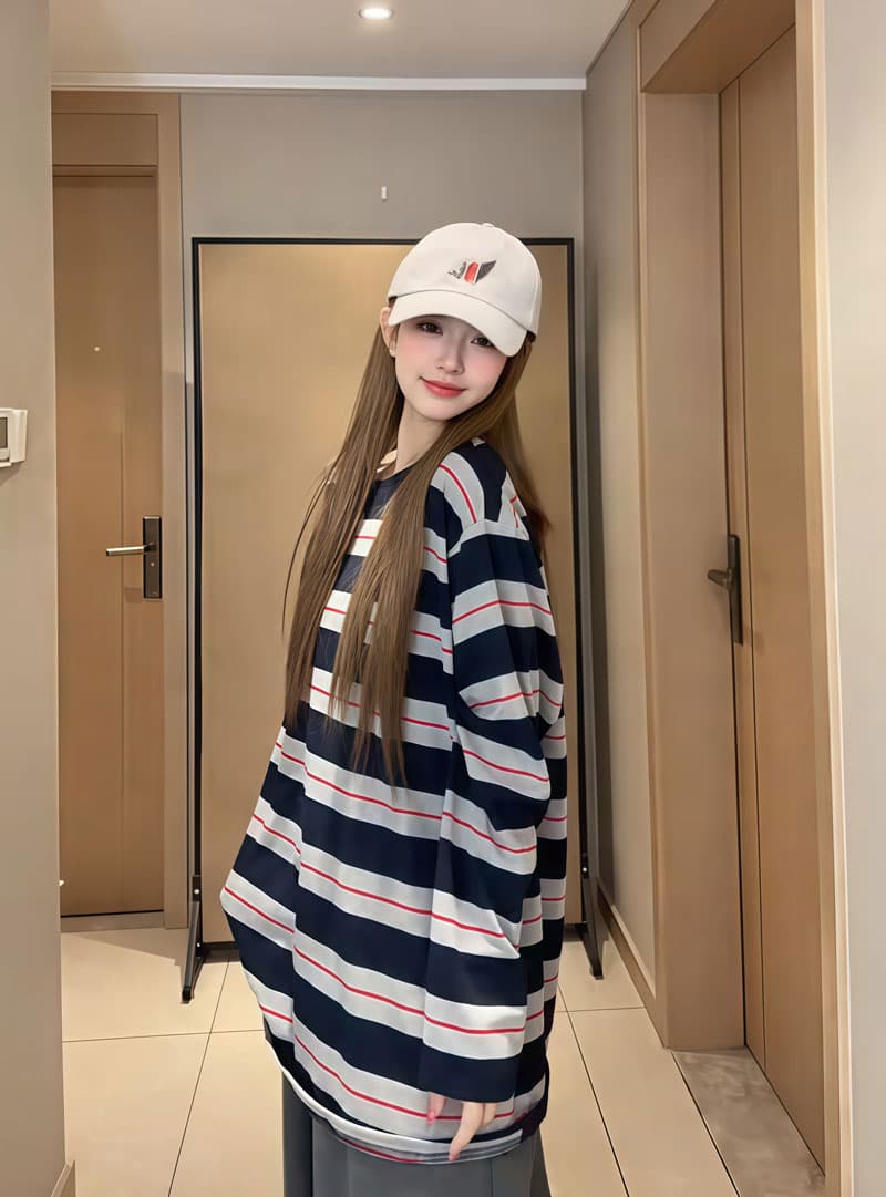 출산 착용 가을 스트라이프 섹션 루즈핏 T 캐주얼 바지 투피스 슈트 상세 이미지 1