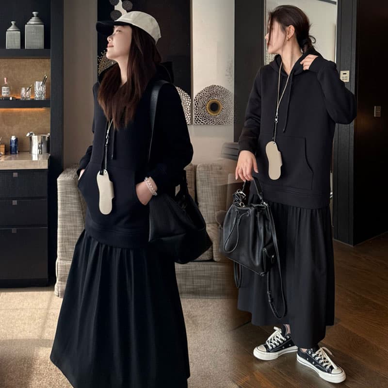출산 착용 가을 겨울 캐주얼 출퇴근 페이크 레이어드 슬림해 보이는 후드 티 스웨터 드레스 이미지 3
