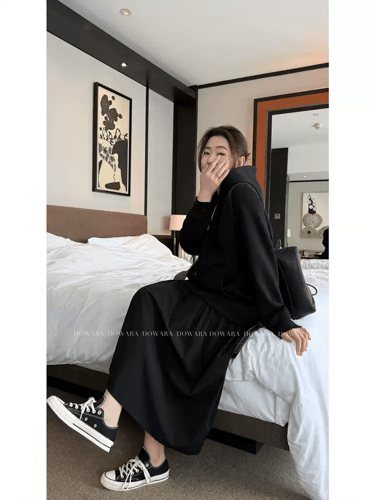출산 착용 가을 겨울 캐주얼 출퇴근 페이크 레이어드 슬림해 보이는 후드 티 스웨터 드레스 상세 이미지 3
