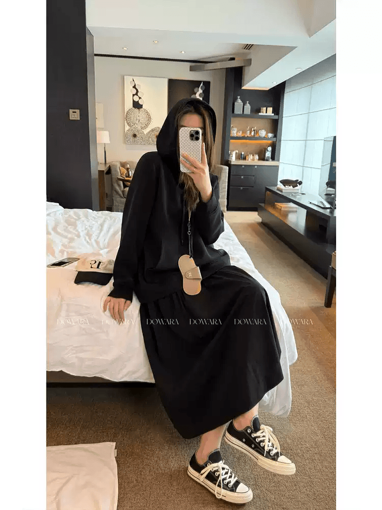 출산 착용 가을 겨울 캐주얼 출퇴근 페이크 레이어드 슬림해 보이는 후드 티 스웨터 드레스 상세 이미지 4