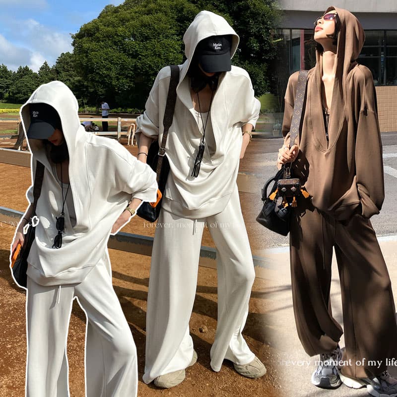 출산 착용 가을 한 부서 느슨함 바람 후드 슬립 맨위 루즈핏 넓은 다리 길이 바지 3종 세트 이미지 5