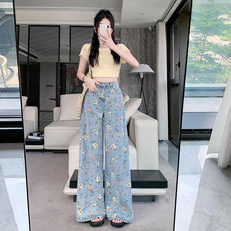 실사 여름 새로운 꽃무늬 전체 인쇄 꽃무늬 청바지 여성 하이웨이스트 벽오동 바지 스트레이트 넓은 다리 파란색 바지 이미지 3