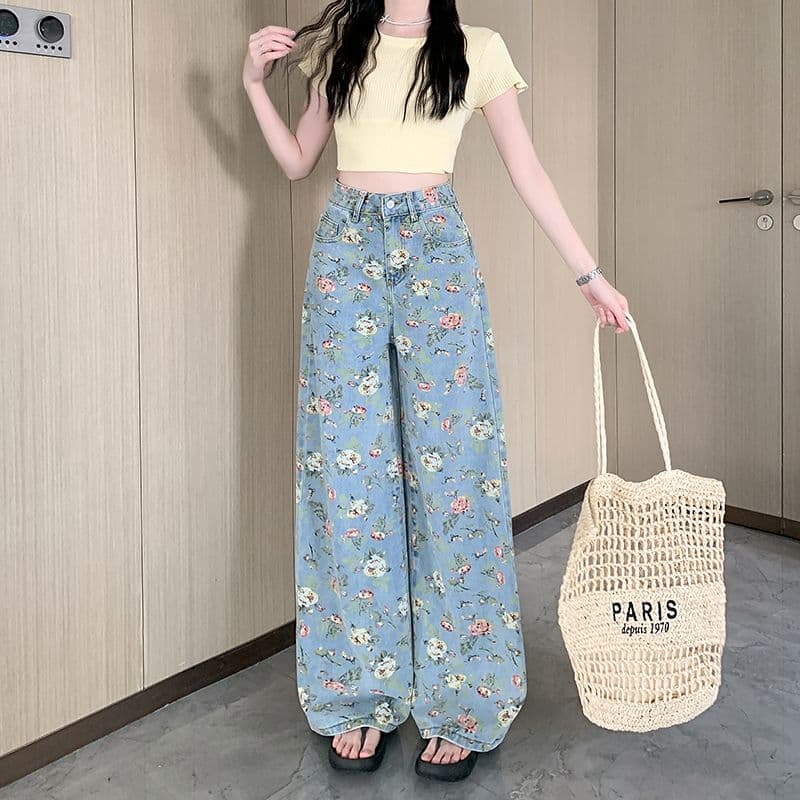 실사 여름 새로운 꽃무늬 전체 인쇄 꽃무늬 청바지 여성 하이웨이스트 벽오동 바지 스트레이트 넓은 다리 파란색 바지 이미지 5