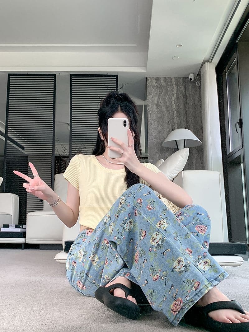 실사 여름 새로운 꽃무늬 전체 인쇄 꽃무늬 청바지 여성 하이웨이스트 벽오동 바지 스트레이트 넓은 다리 파란색 바지 상세 이미지 9