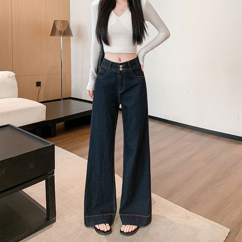실사 여름 새로운 아메리칸 진한 파란색 스트레이트 청바지 여성 로우 웨이스트 다용도 슬림해 보이는 나팔 캐주얼 바지 상세 이미지 1