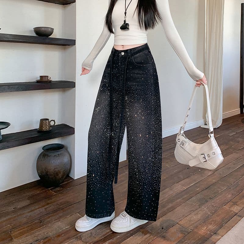 실사 정가 레트로 Gypsophila 핫픽스 패치워크 청바지 여성 핫걸 루즈핏 느긋한 느슨함 센스 바닥 청소 바지 상세 이미지 2