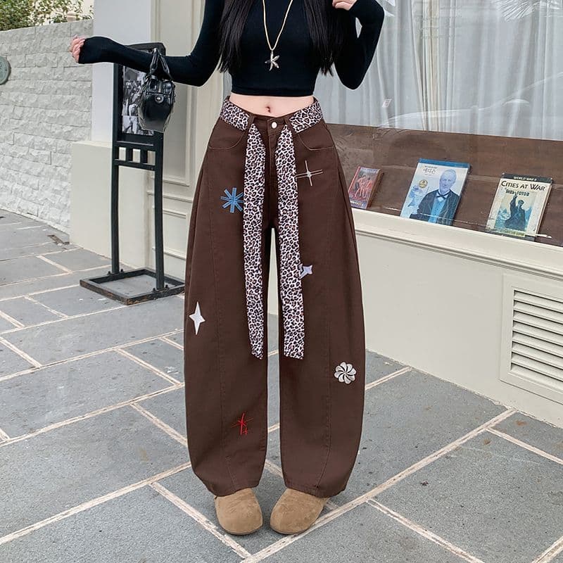 실사 정가 레트로 레오파드 무늬 리본 자수 청바지 여성 루즈핏 슬림해 보이는 디자인 센스 넓은 다리 모통이 칼 바지 상세 이미지 7