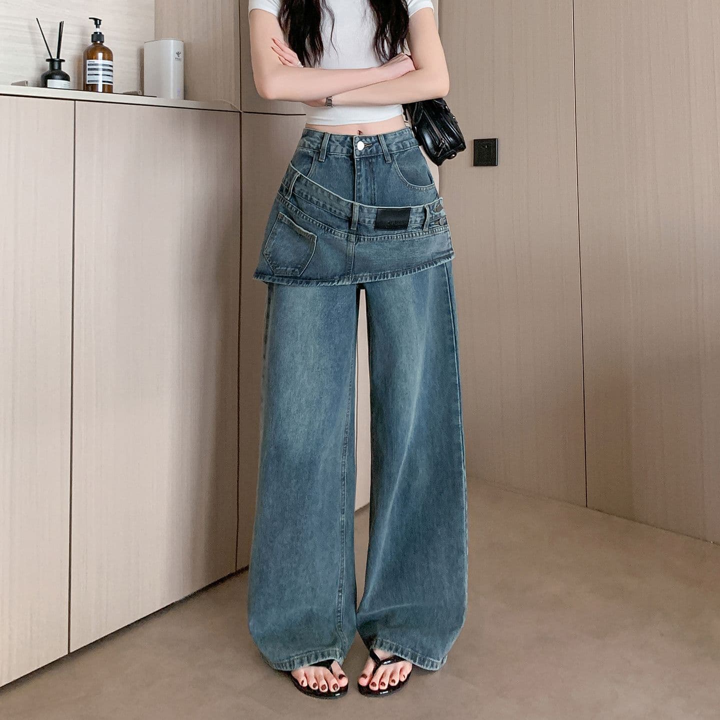 실사 여름 새로운 스택 착용 치마 커튼 청바지 여성 페이크 레이어드 패치워크 핫걸 디자인 센스 넓은 다리 바닥 청소 바지