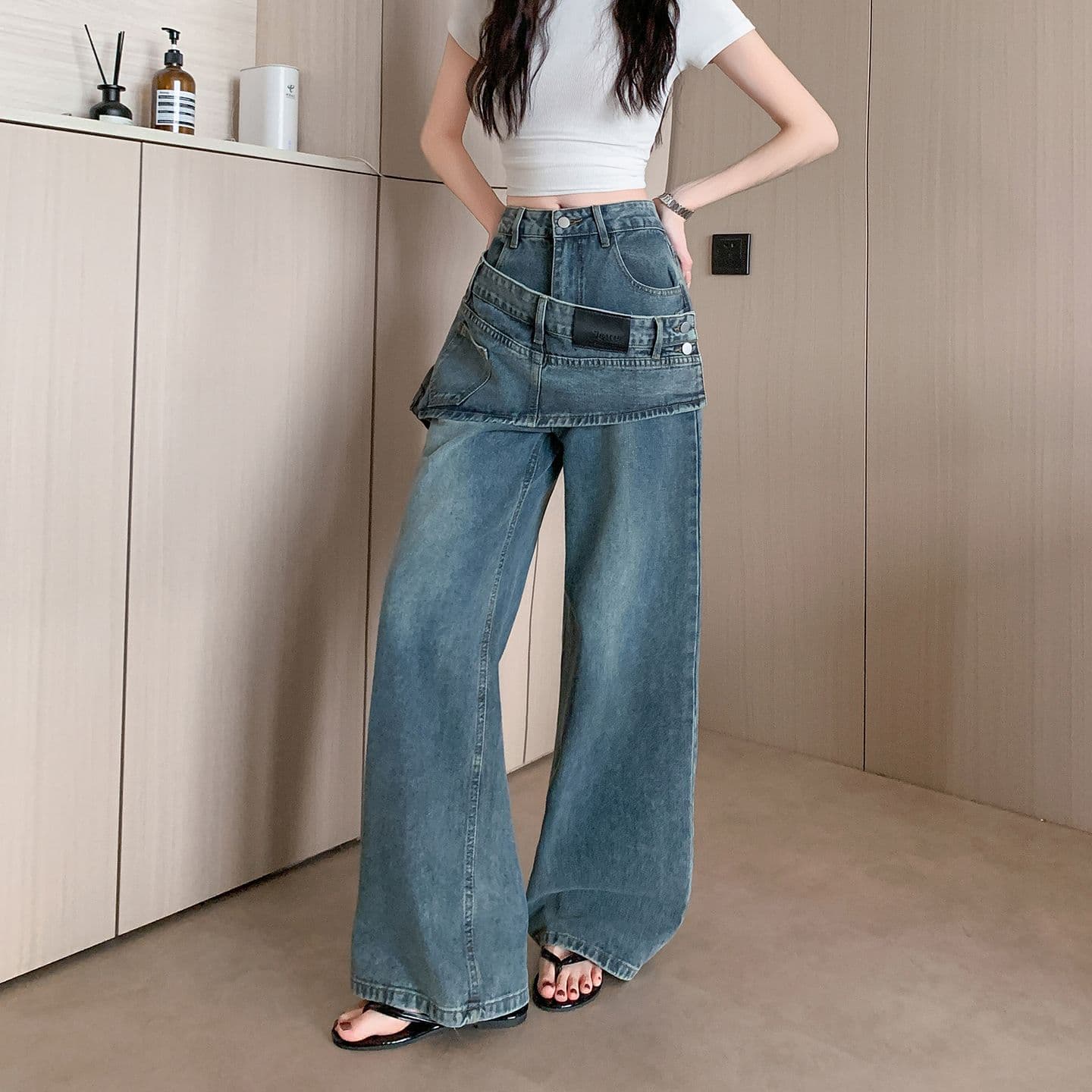 실사 여름 새로운 스택 착용 치마 커튼 청바지 여성 페이크 레이어드 패치워크 핫걸 디자인 센스 넓은 다리 바닥 청소 바지 이미지 5