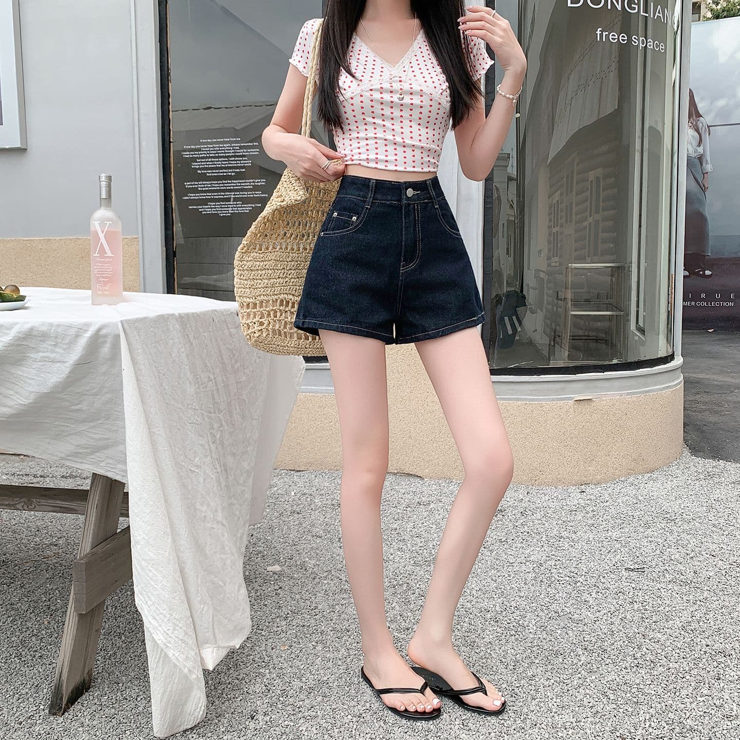 실사 여름 새로운 진한 파란색 데님 반바지 여성 배 종류 몸 슬림해 보이는 하이웨이스트 한 마디 넓은 다리 핫 바지 상세 이미지 2