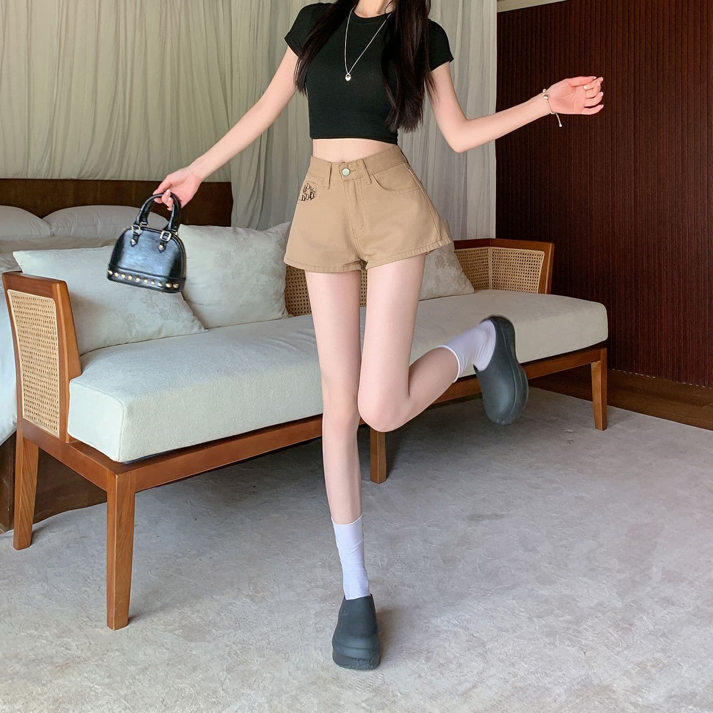실사 정가 카키 색 자수 데님 반바지 여성 여름 새로운 하이웨이스트 루즈핏 넓은 다리 한 마디 바지 핫 바지 트렌디 상세 이미지 5
