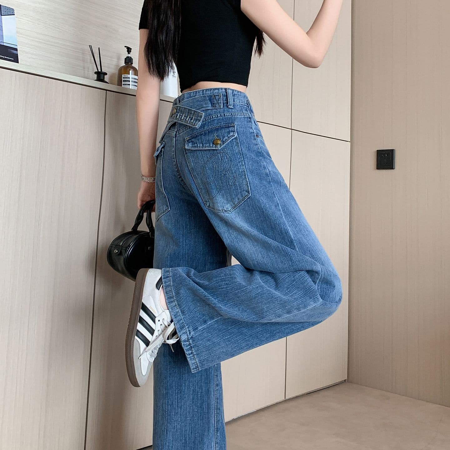 실사 정가 아메리칸 레트로 수직 곡물 스트레이트 청바지 여성 여름 새로운 루즈핏 슬림해 보이는 와이드 레그 팬츠 어린이 상세 이미지 2