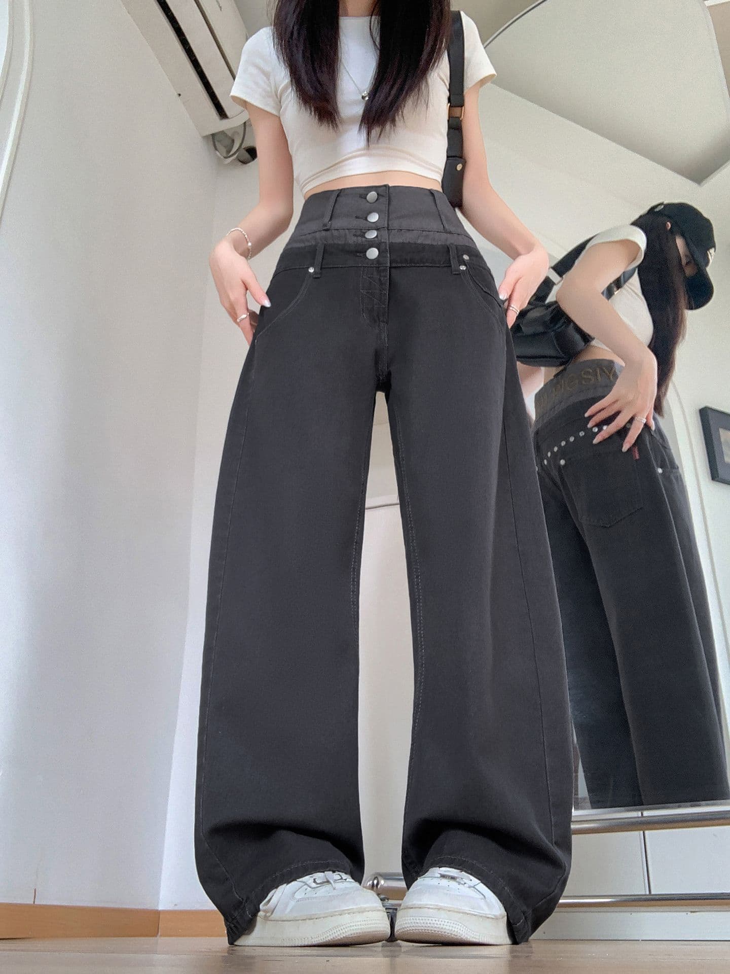 실사 정가 디자인 센스 패치워크 허리 머리 스트레이트 청바지 여성 여름 새로운 핫걸 알파벳 캐주얼 바지 상세 이미지 1