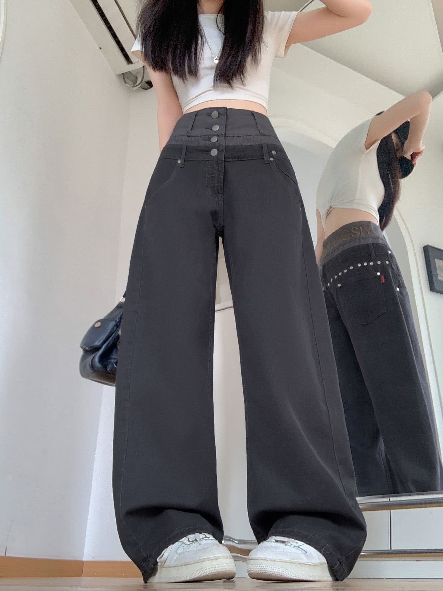 실사 정가 디자인 센스 패치워크 허리 머리 스트레이트 청바지 여성 여름 새로운 핫걸 알파벳 캐주얼 바지 상세 이미지 2