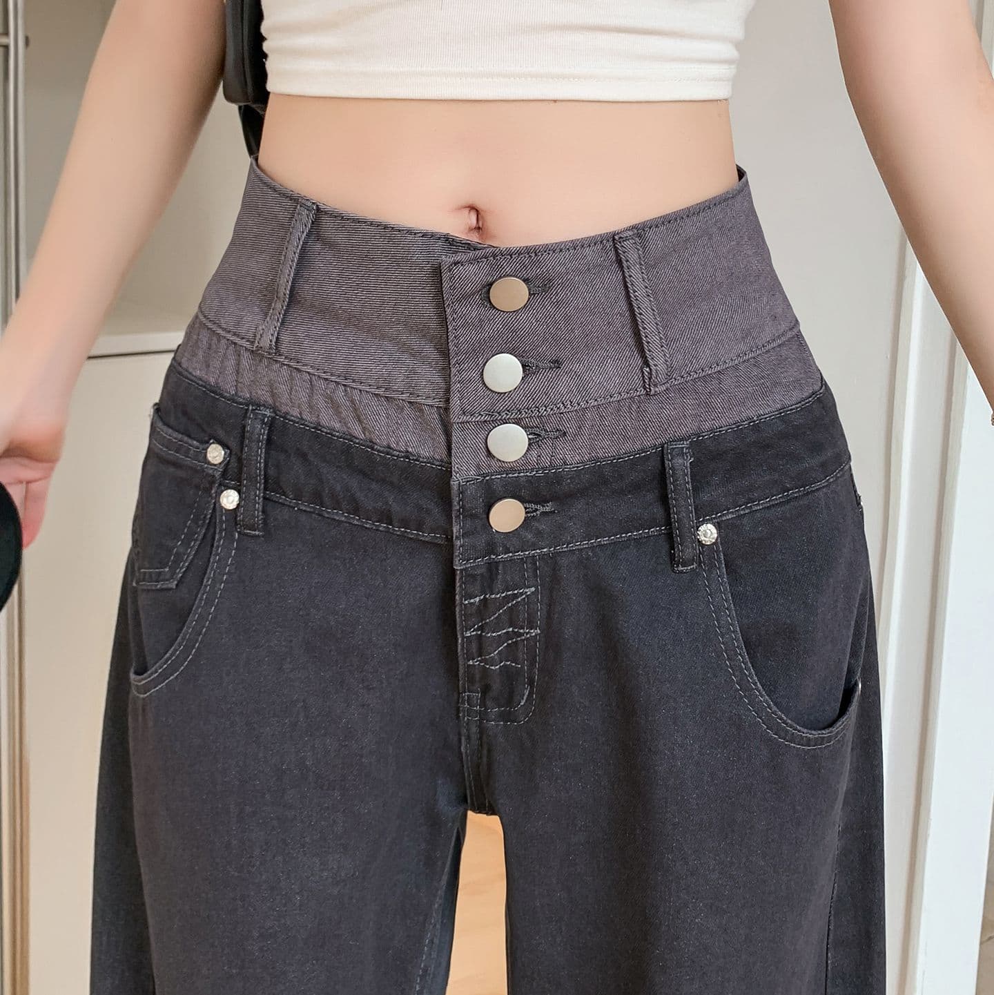 실사 정가 디자인 센스 패치워크 허리 머리 스트레이트 청바지 여성 여름 새로운 핫걸 알파벳 캐주얼 바지 상세 이미지 11