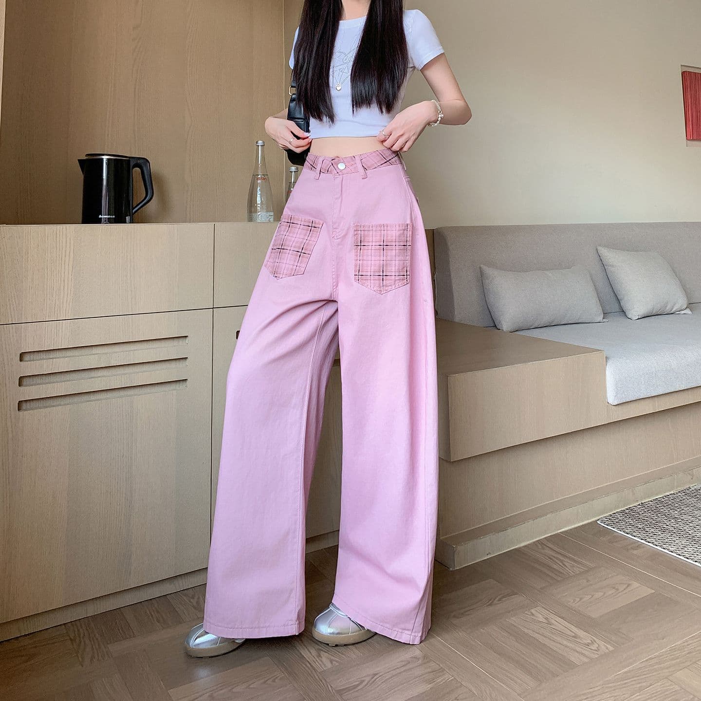 실사 정가 핑크색 체크무늬 패치워크 모통이 칼 청바지 여성 여름 새로운 루즈핏 캐주얼 슬림해 보이는 와이드 레그 팬츠 상세 이미지 7