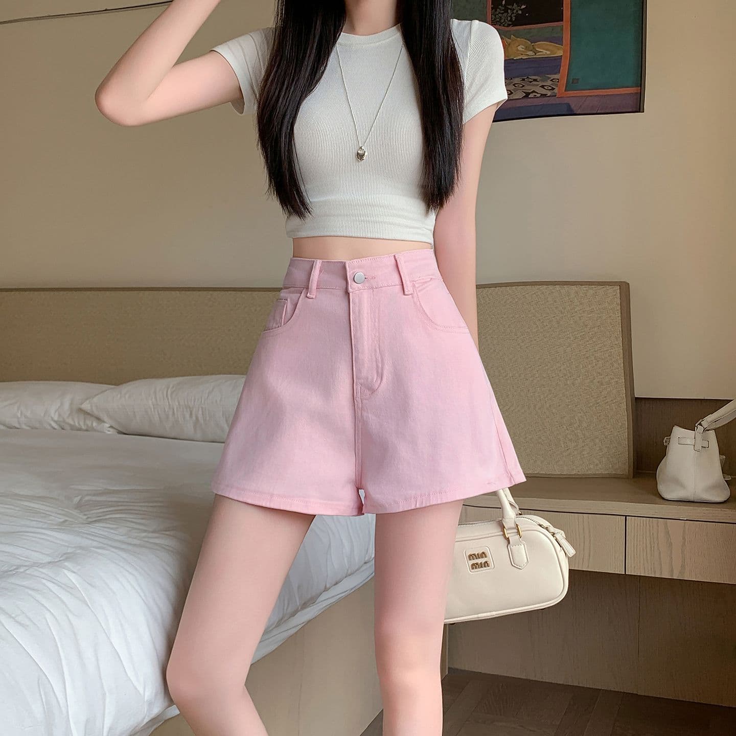 실사 정가 꽃 자수 데님 반바지 여성 여름 새로운 루즈핏 슬림해 보이는 핫걸 한 마디 바지 넓은 다리 핫 바지 상세 이미지 5