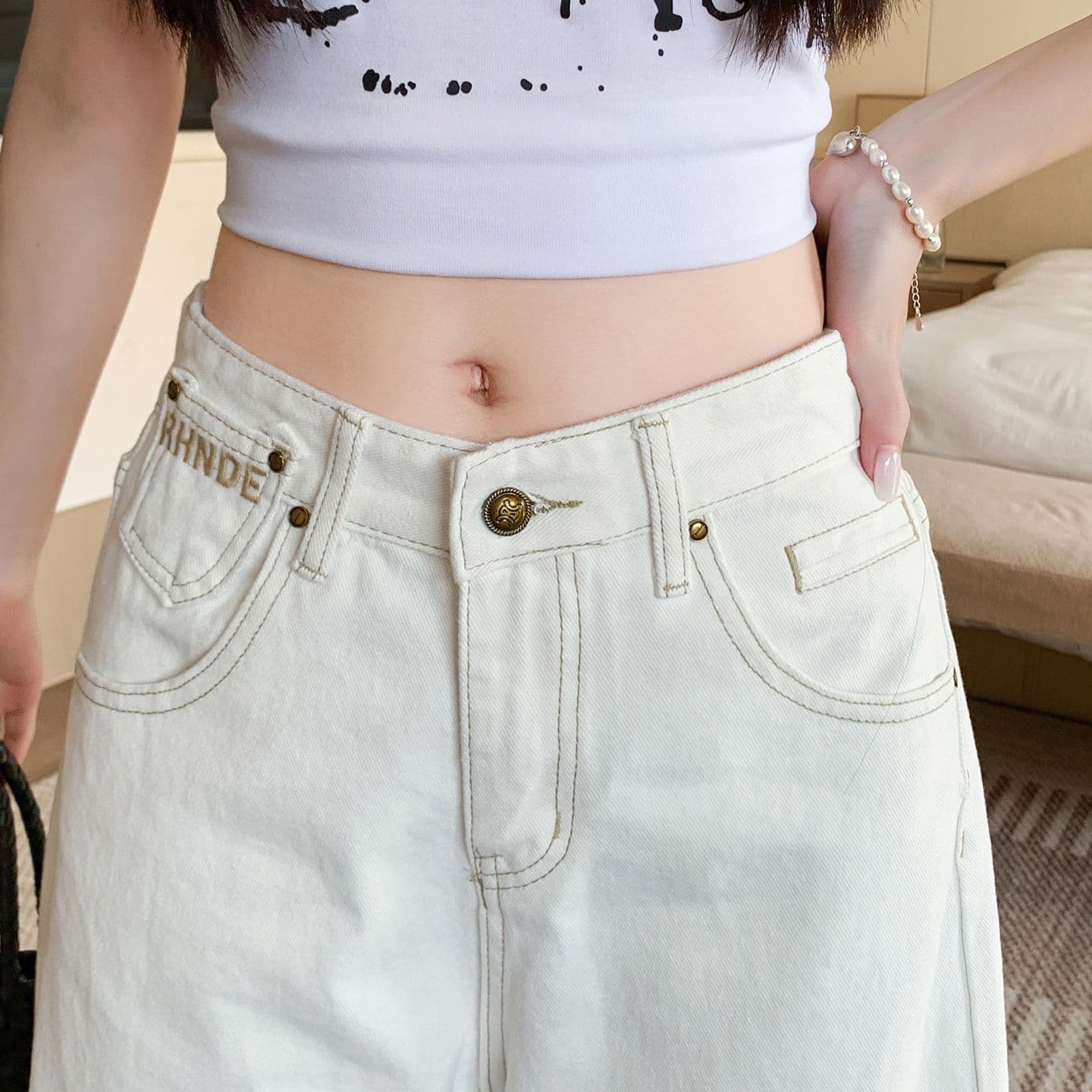 실사 정가 레트로 단추 디자인 센스 청바지 아이들 여름 새로운 핫걸 개성 다용도 바닥 청소 바지 상세 이미지 12
