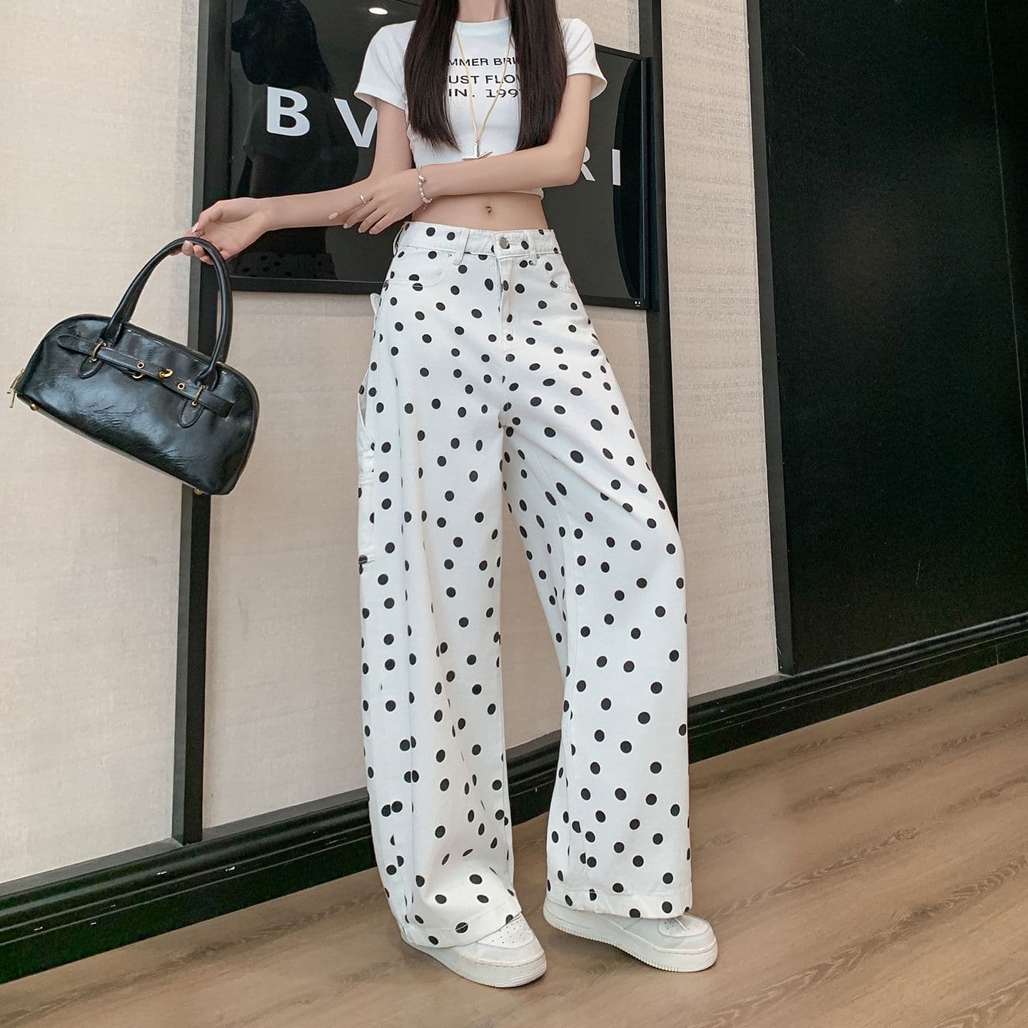 실사 정가 화이트 도트 무늬 모통이 칼 청바지 여성 새로운 하트 주머니 워싱 작은 대중 넓은 다리 길이 바지 상세 이미지 6