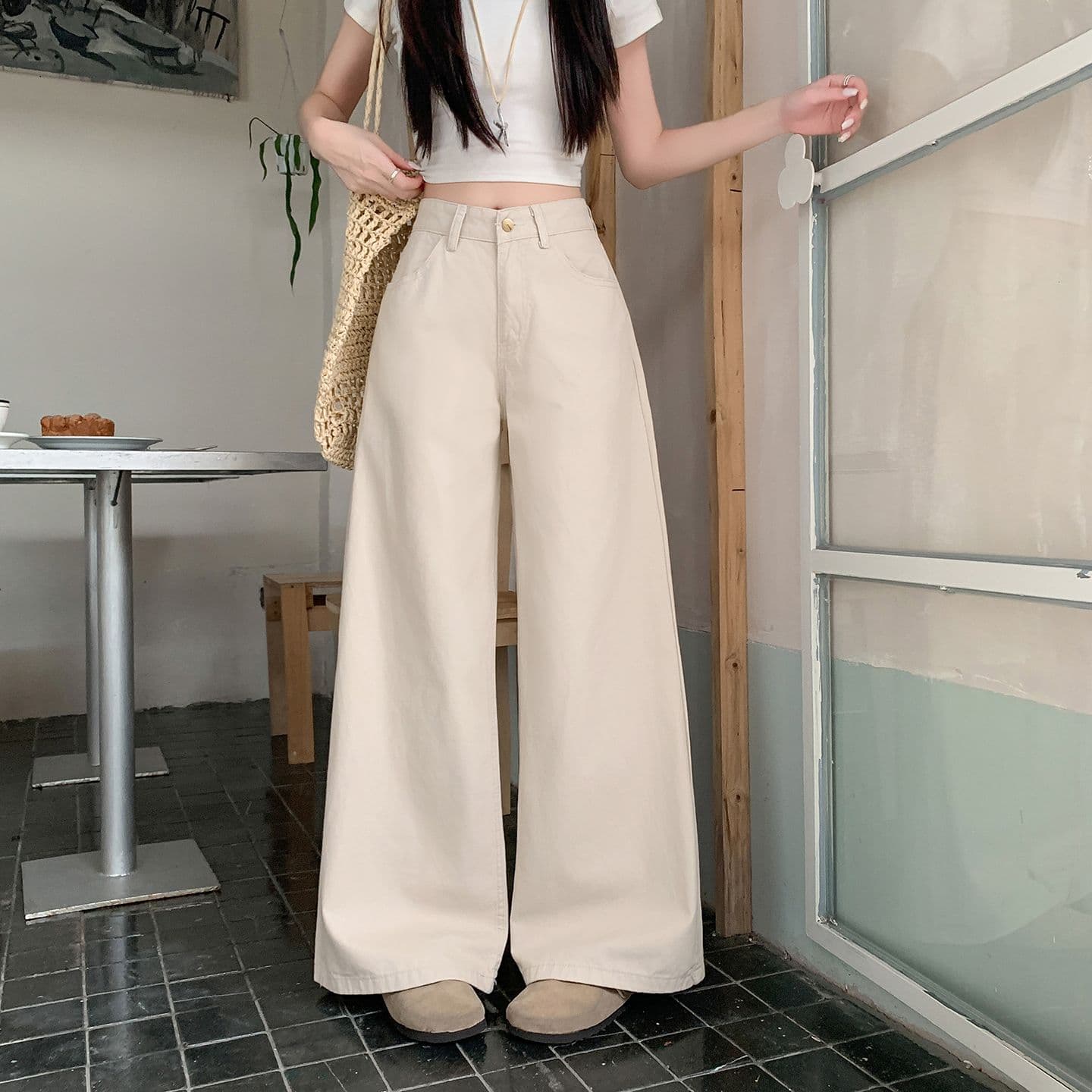 실사 정가 살구 색상 넓은 다리 청바지 여성 새로운 아메리칸 작은 키 아니요 막대기 다리 루즈핏 슬림해 보이는 스트레이트 팬츠 상세 이미지 10
