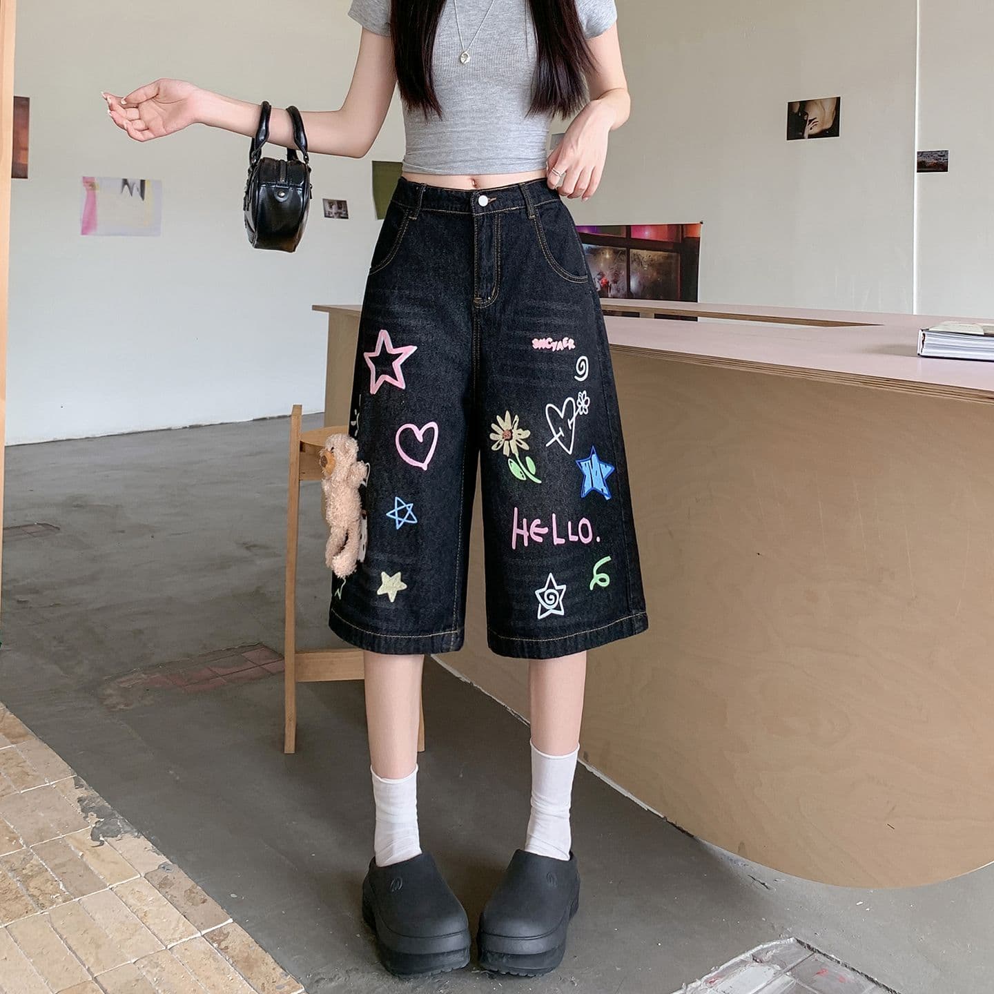 실사 정가 여름 레트로 작은 곰 낙서 5 점 데님 반바지 여성 새로운 루즈핏 다용도 넓은 다리 바지 상세 이미지 14