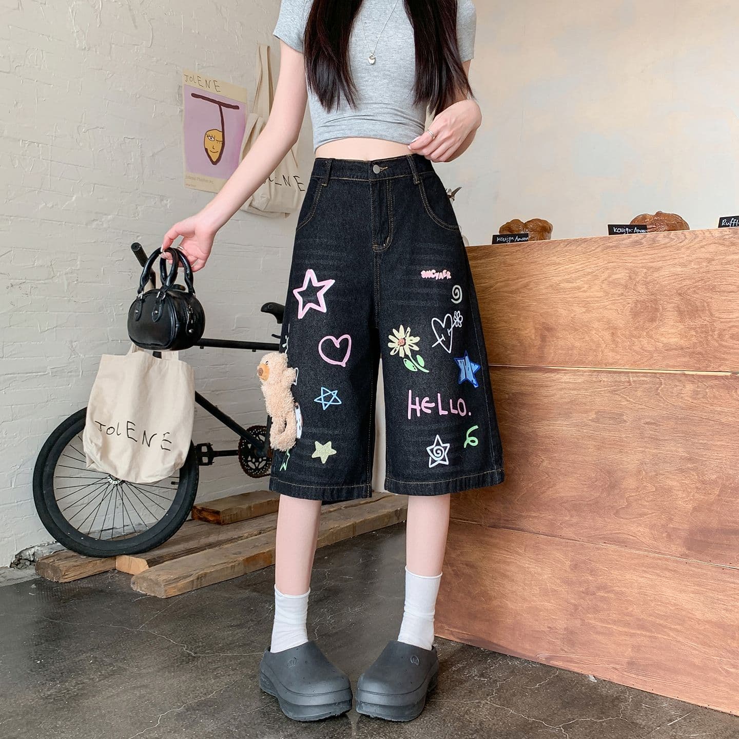 실사 정가 여름 레트로 작은 곰 낙서 5 점 데님 반바지 여성 새로운 루즈핏 다용도 넓은 다리 바지 상세 이미지 22