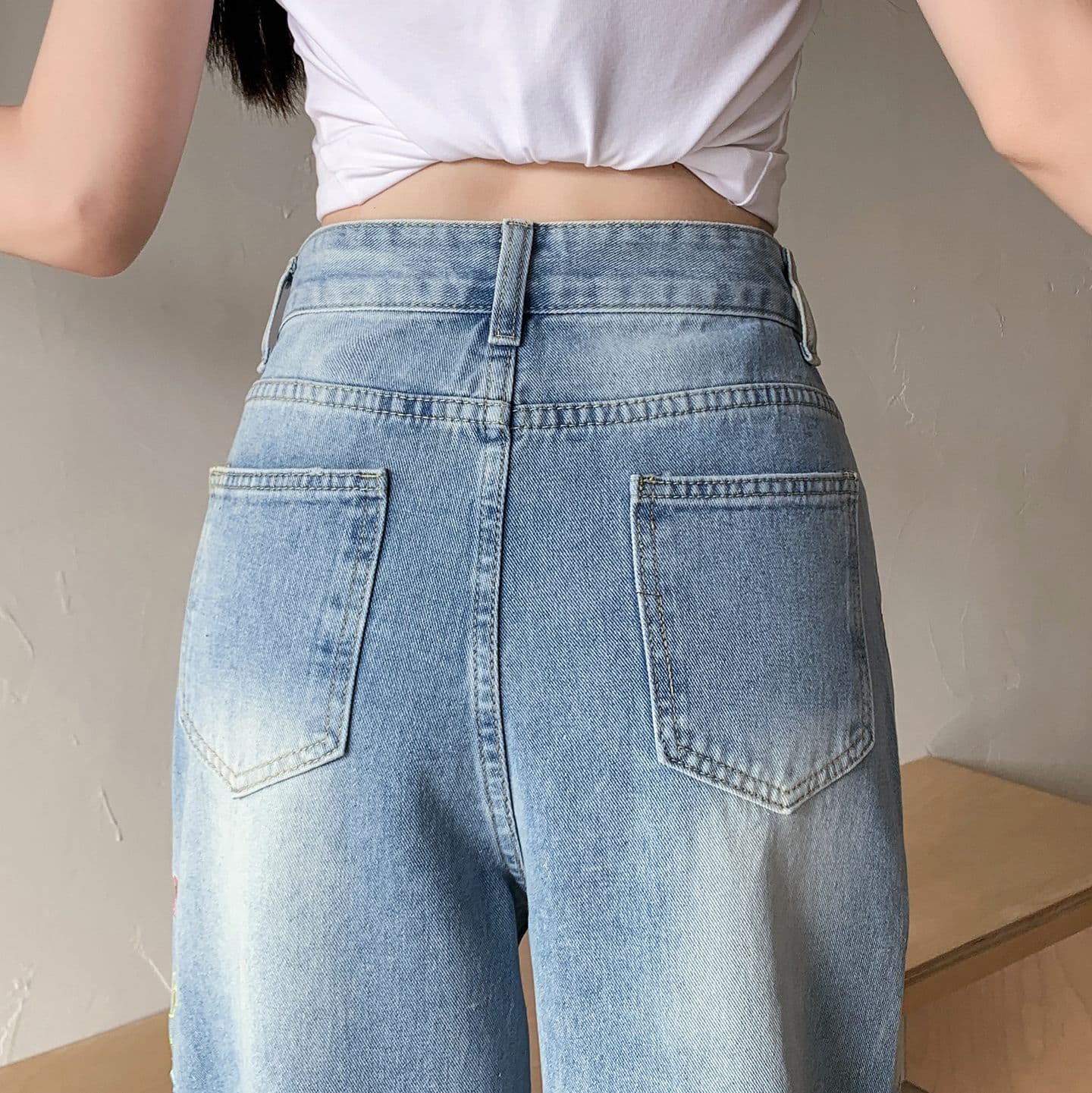 실사 정가 꽃무늬 아라비 움 자수 진주 청바지 여성 새로운 루즈핏 프로필 모양 스트레이트 워싱 롱 바지 상세 이미지 11