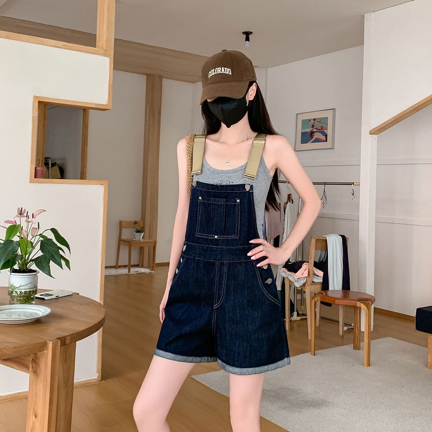 실사 정가 아메리칸 레트로 데님 멜빵 바지 여성 여름 새로운 루즈핏 슬림해 보이는 연령 감소 하이웨이스트 올인원 반바지 이미지 2