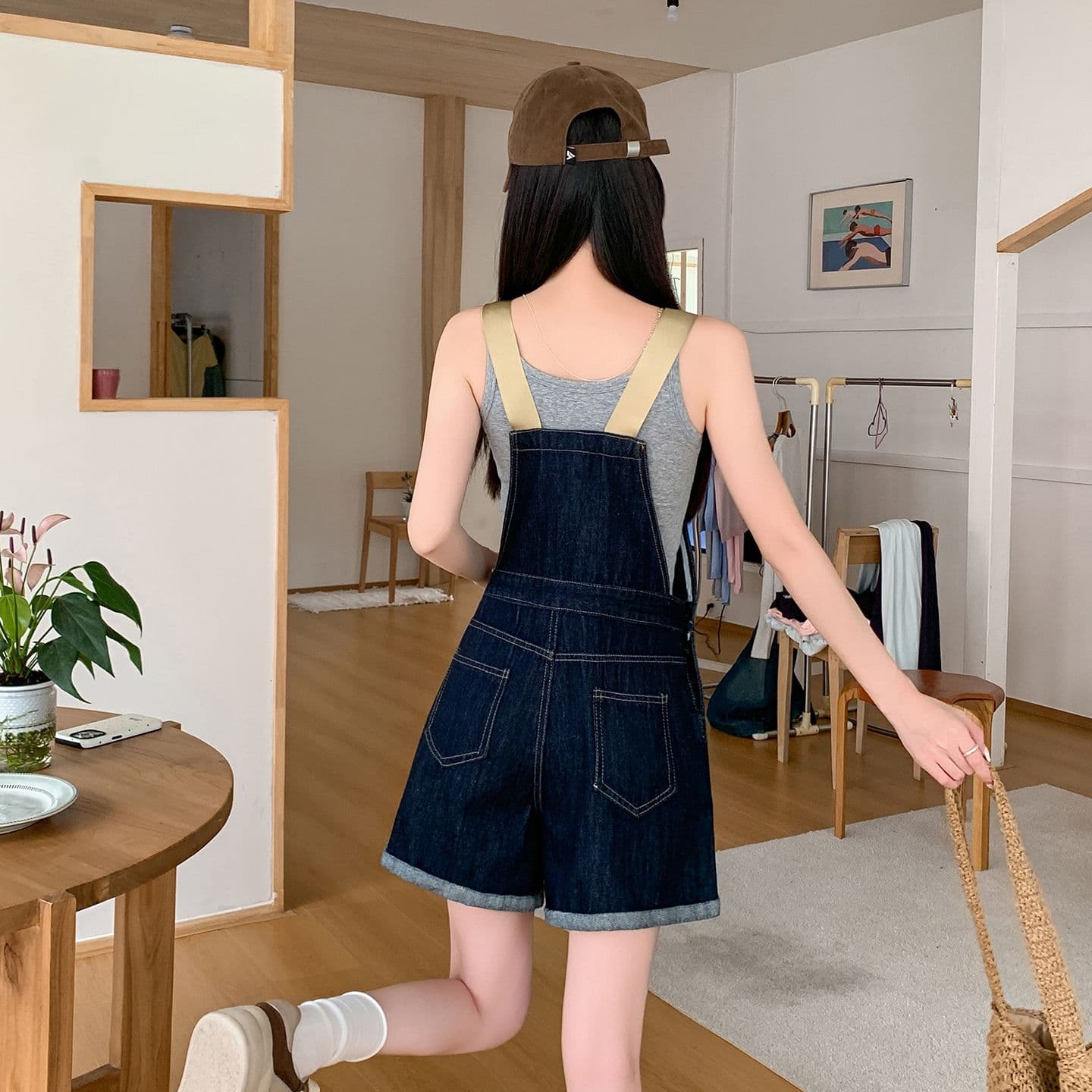 실사 정가 아메리칸 레트로 데님 멜빵 바지 여성 여름 새로운 루즈핏 슬림해 보이는 연령 감소 하이웨이스트 올인원 반바지 상세 이미지 10