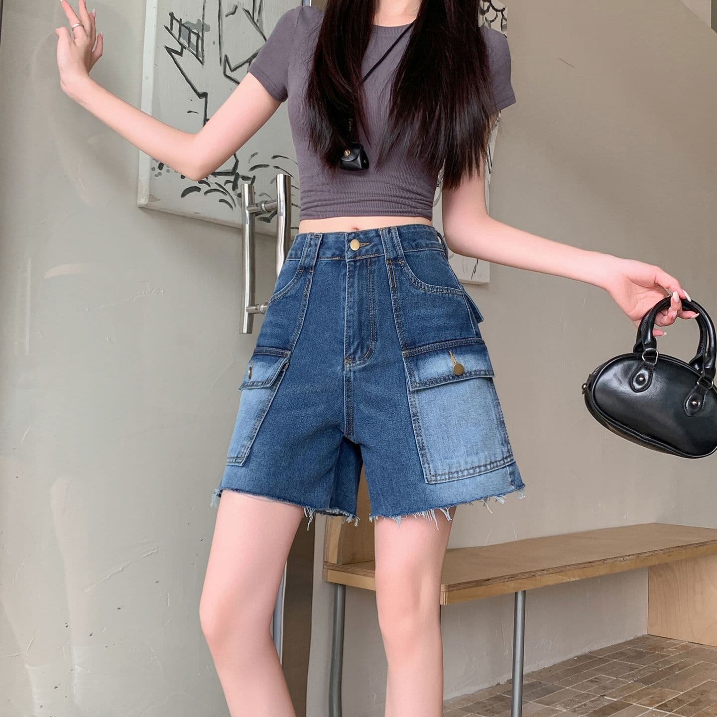 실사 정가 레트로 워크웨어 기타 주머니 5 점 청바지 여성 여름 새로운 하이웨이스트 루즈핏 슬림해 보이는 바지 이미지 3