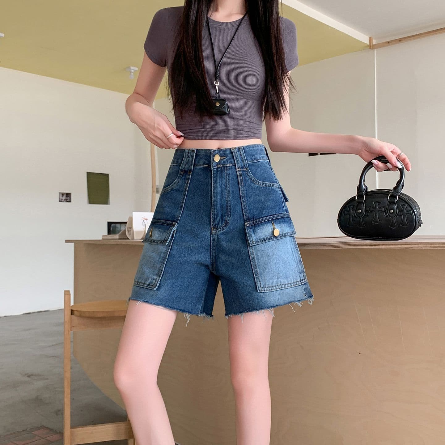 실사 정가 레트로 워크웨어 기타 주머니 5 점 청바지 여성 여름 새로운 하이웨이스트 루즈핏 슬림해 보이는 바지 이미지 4