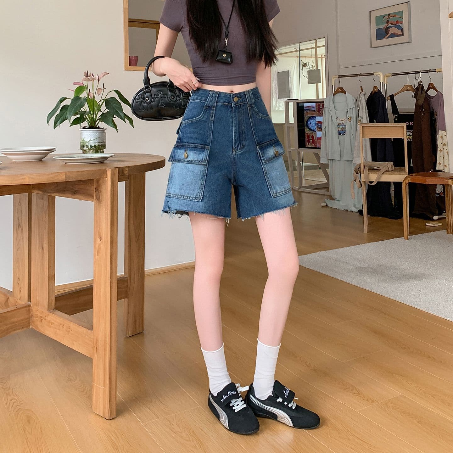 실사 정가 레트로 워크웨어 기타 주머니 5 점 청바지 여성 여름 새로운 하이웨이스트 루즈핏 슬림해 보이는 바지 상세 이미지 1