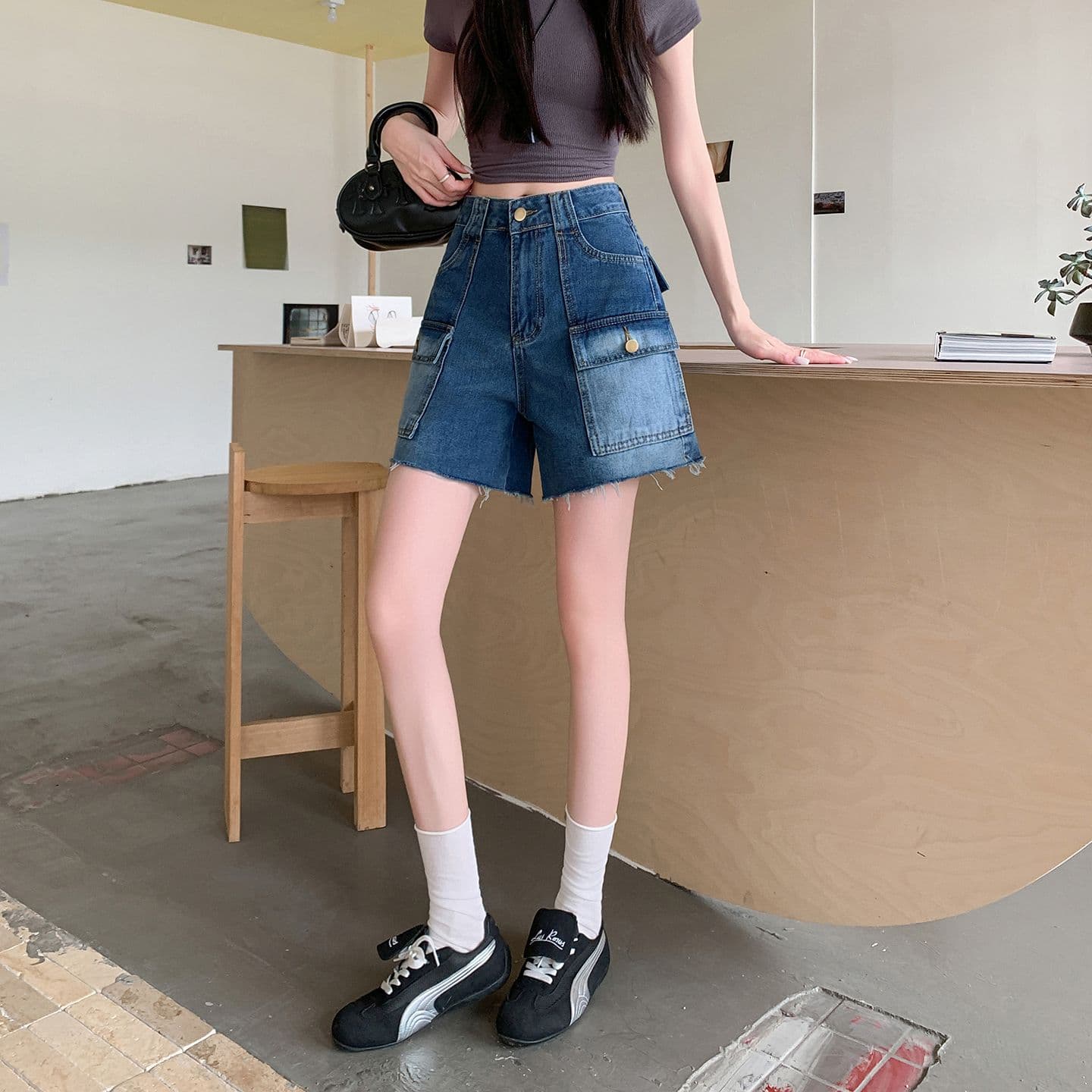 실사 정가 레트로 워크웨어 기타 주머니 5 점 청바지 여성 여름 새로운 하이웨이스트 루즈핏 슬림해 보이는 바지 상세 이미지 7