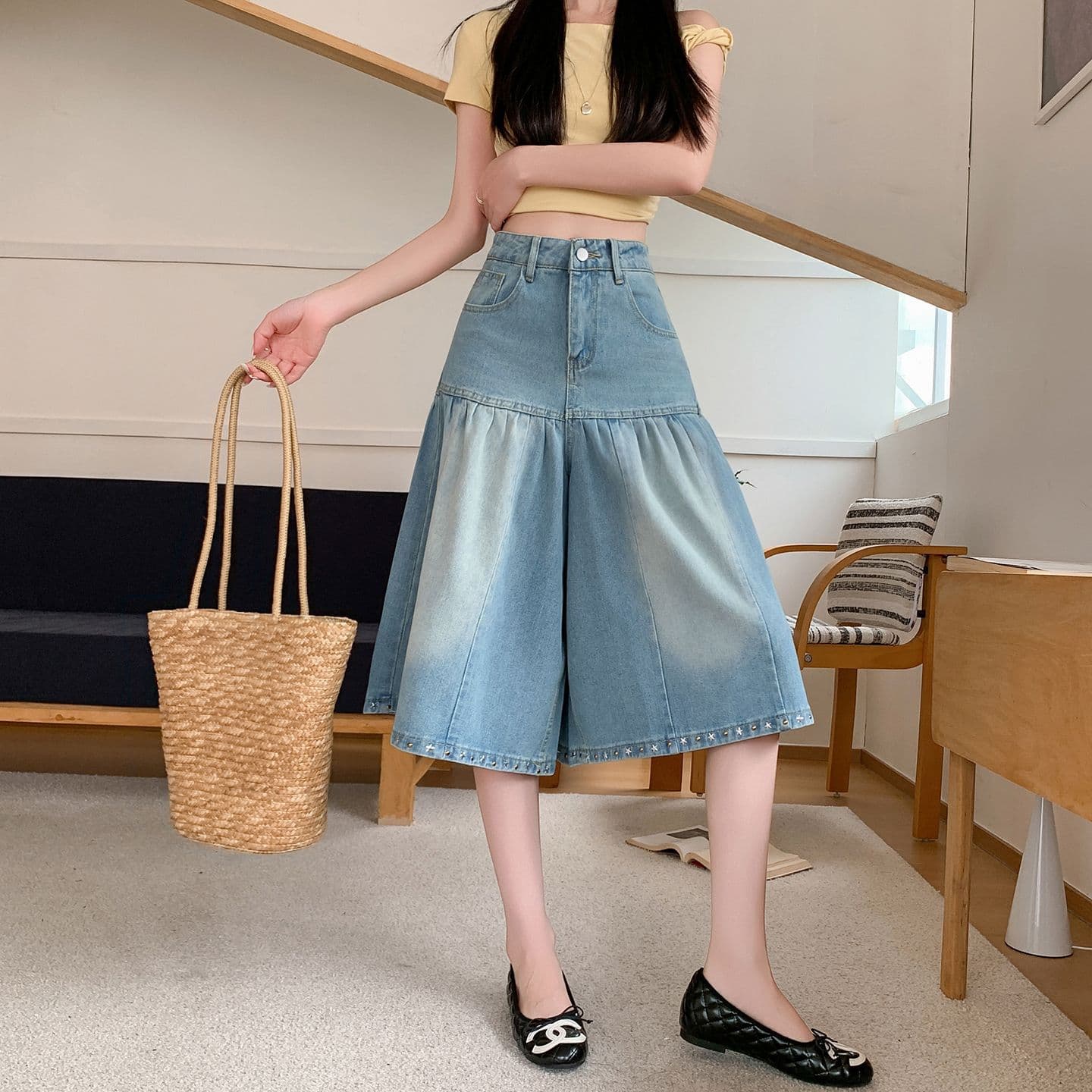 실사 정가 레트로 주름 핫픽스 청바지 여성 여름 루즈핏 프로필 모양 바지 다용도 넓은 다리 7부 바지 상세 이미지 3